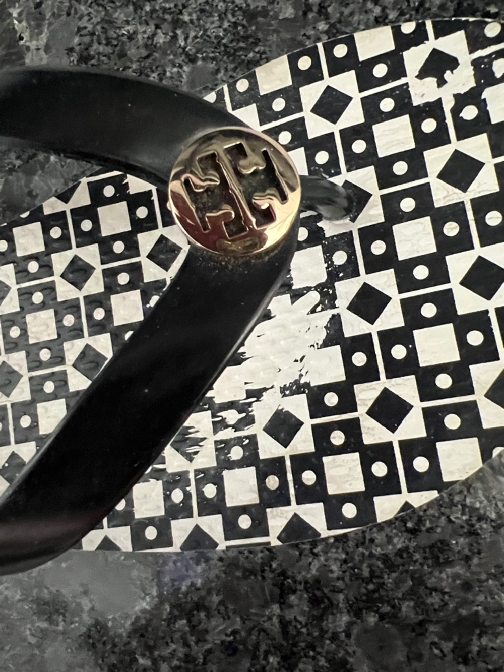 Tory Burch Black & White Geometric Logo Flip Flops with Gold Emblem - Picture 3 of 3